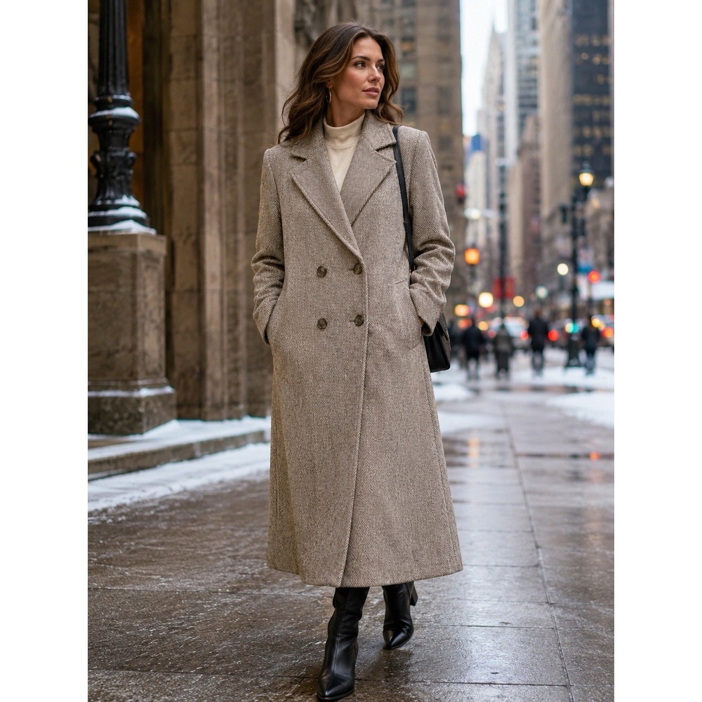 Stephanie Mathews Vintage Double Breasted Trench Coat Herringbone Wool Blend